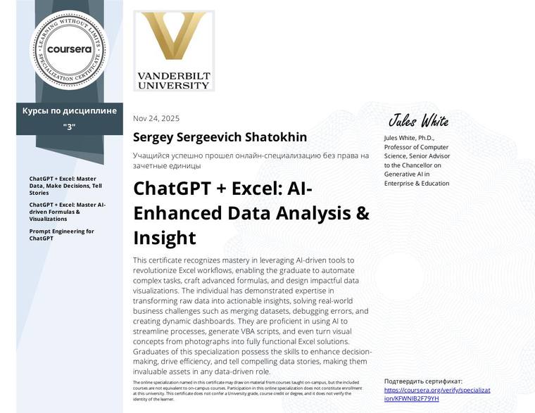 ChatGPT + Excel: AI-Enhanced Data Analysis & Insight (Specialization)